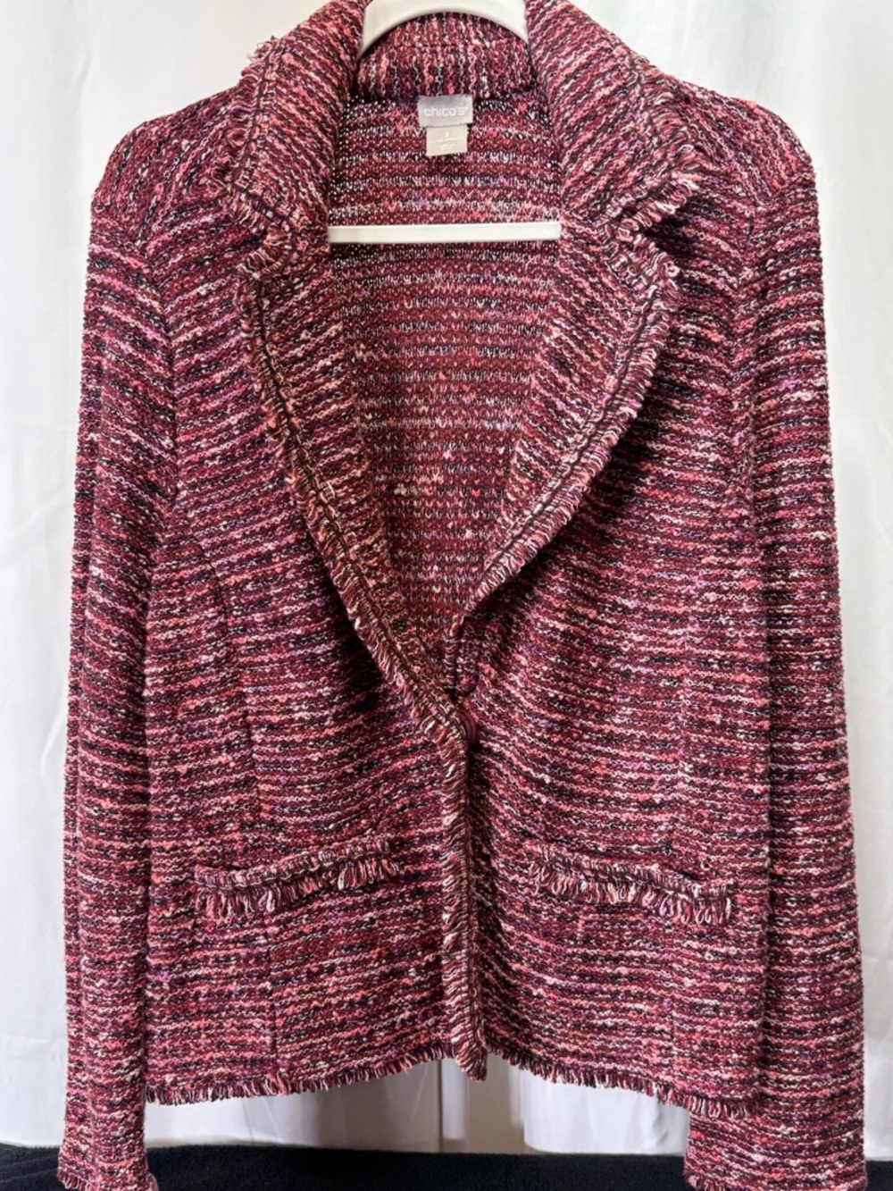 Chico's Marled Berry Knit Blazer with Fringe Trim 2365